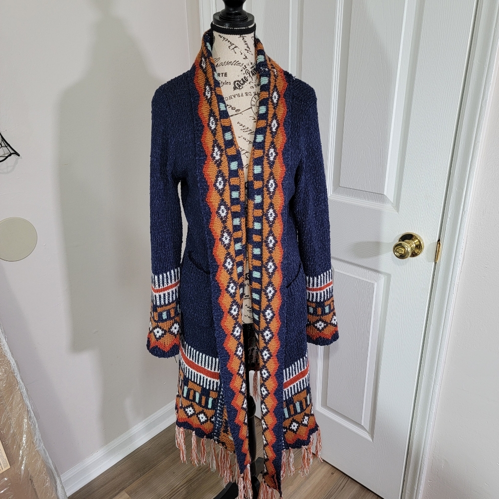 Tassel Hem Open Front Duster (Navy, Brick Red) Women's size Medium Pockets - Picture 14 of 15